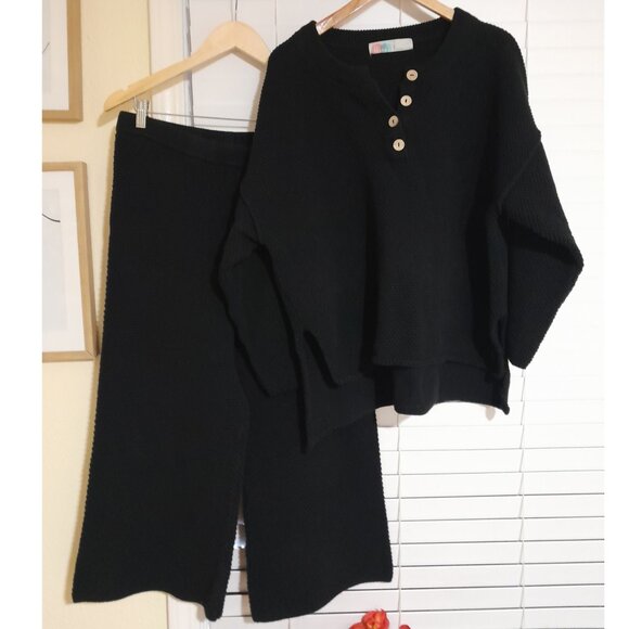 Free People Hailee Waffle Knit Set Sz Medium Black PREOWNED - Picture 2 of 6